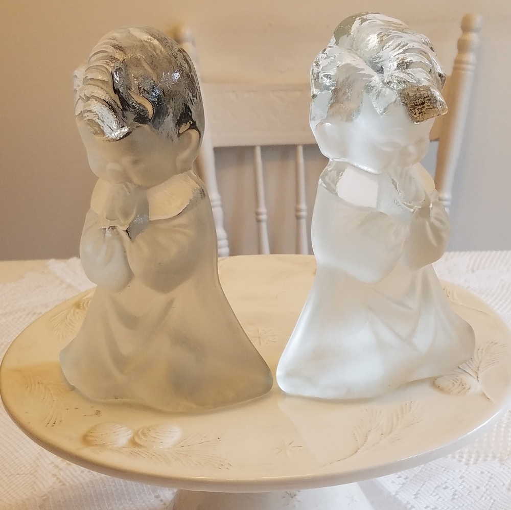 Set of 2 Viking Handmade  Glass Praying Children Angels Figure Bookends
